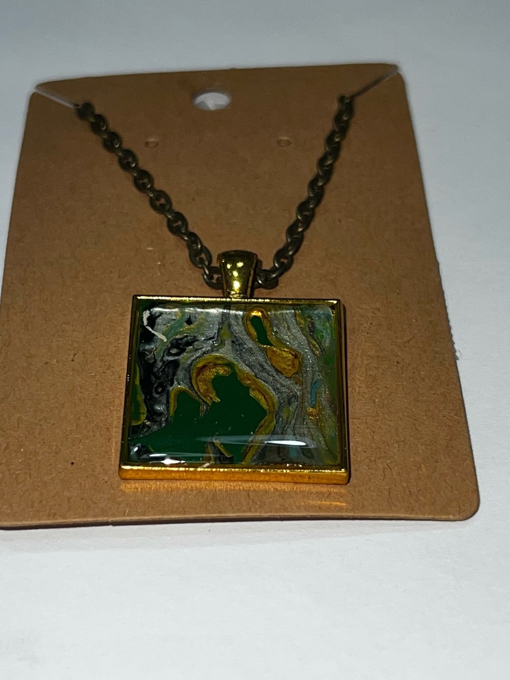 Handmade Green Swirl Square Poured Paint Pendant Necklace - NEW